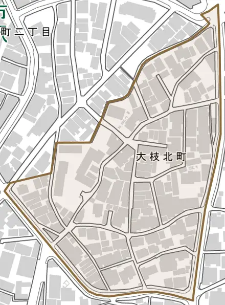 大枝北町とその周辺の地図。町の範囲を重ねている
