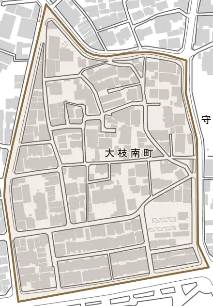 大枝南町とその周辺の地図。町の範囲を重ねている