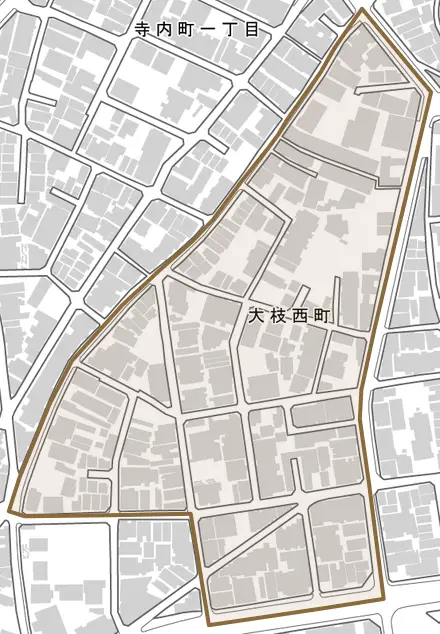 大枝西町とその周辺の地図。町の範囲を重ねている