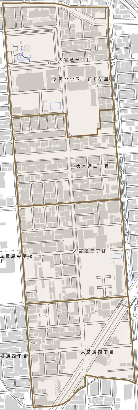 大宮通とその周辺の地図。町の範囲を重ねている