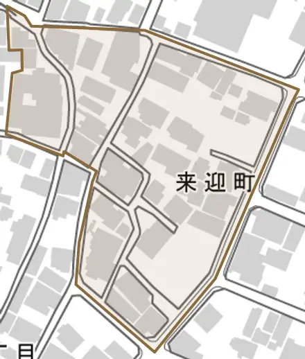来迎町とその周辺の地図。町の範囲を重ねている