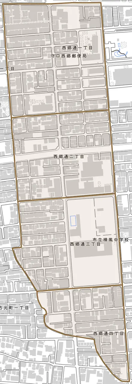 西郷通とその周辺の地図。町の範囲を重ねている