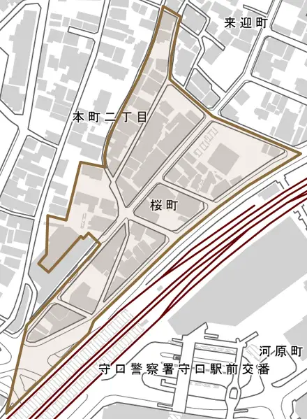 桜町とその周辺の地図。町の範囲を重ねている