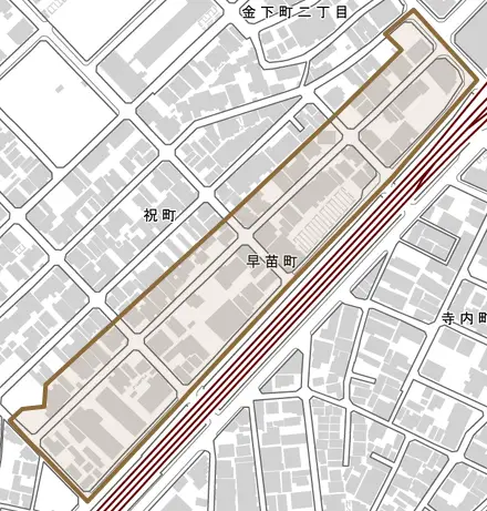 早苗町とその周辺の地図。町の範囲を重ねている