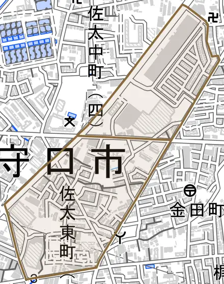 佐太東町とその周辺の地図。町の範囲を重ねている