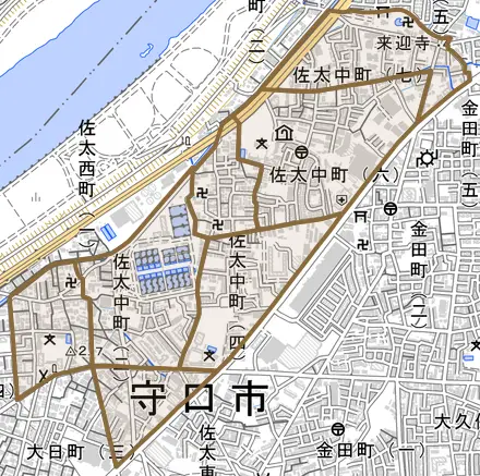 佐太中町とその周辺の地図。町の範囲を重ねている