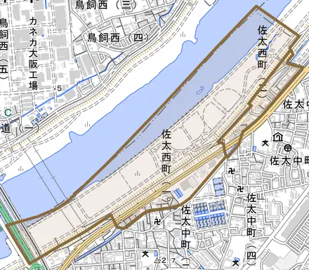 佐太西町とその周辺の地図。町の範囲を重ねている