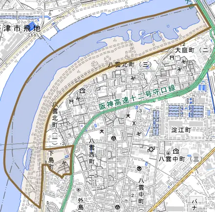 下島町とその周辺の地図。町の範囲を重ねている