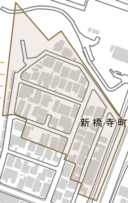 新橋寺町とその周辺の地図。町の範囲を重ねている