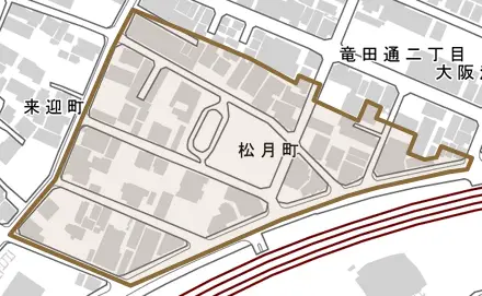 松月町とその周辺の地図。町の範囲を重ねている