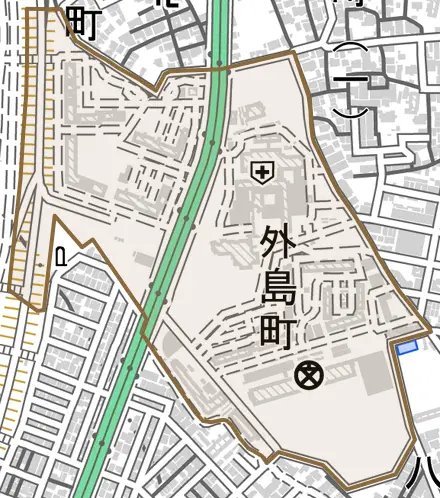 外島町とその周辺の地図。町の範囲を重ねている