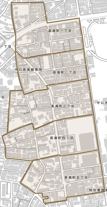 高瀬町とその周辺の地図。町の範囲を重ねている