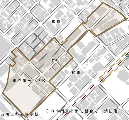 竹町とその周辺の地図。町の範囲を重ねている