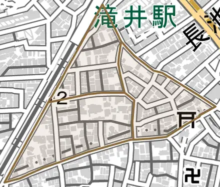 滝井元町とその周辺の地図。町の範囲を重ねている