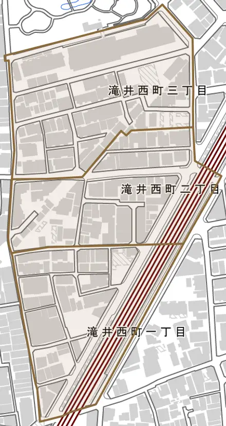 滝井西町とその周辺の地図。町の範囲を重ねている