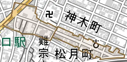竜田通とその周辺の地図。町の範囲を重ねている