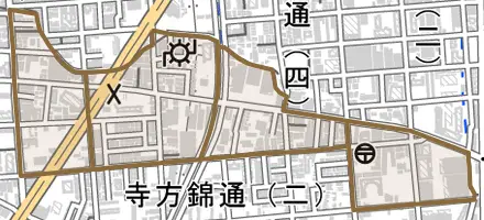 寺方本通とその周辺の地図。町の範囲を重ねている
