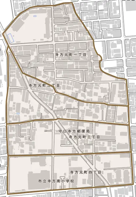 寺方元町とその周辺の地図。町の範囲を重ねている