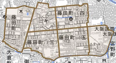 藤田町とその周辺の地図。町の範囲を重ねている