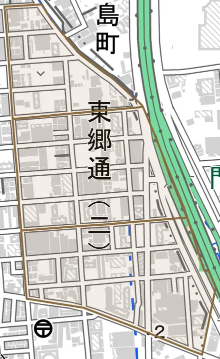 東郷通とその周辺の地図。町の範囲を重ねている
