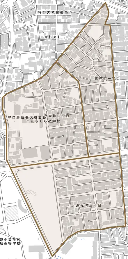 東光町とその周辺の地図。町の範囲を重ねている