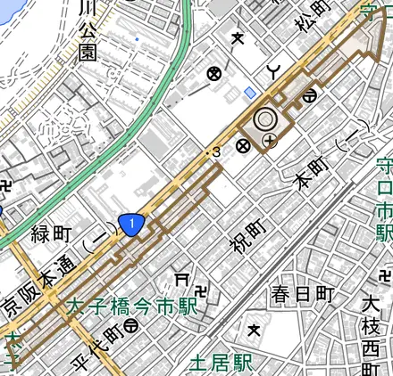 豊秀町とその周辺の地図。町の範囲を重ねている
