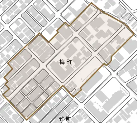 梅町とその周辺の地図。町の範囲を重ねている