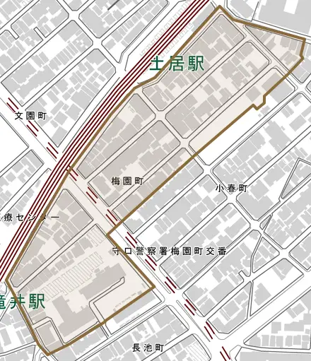 梅園町とその周辺の地図。町の範囲を重ねている