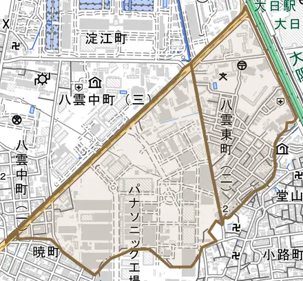 八雲東町とその周辺の地図。町の範囲を重ねている