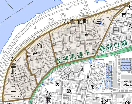 八雲北町とその周辺の地図。町の範囲を重ねている