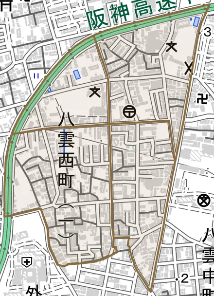 八雲西町とその周辺の地図。町の範囲を重ねている