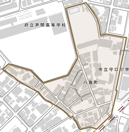 八島町とその周辺の地図。町の範囲を重ねている