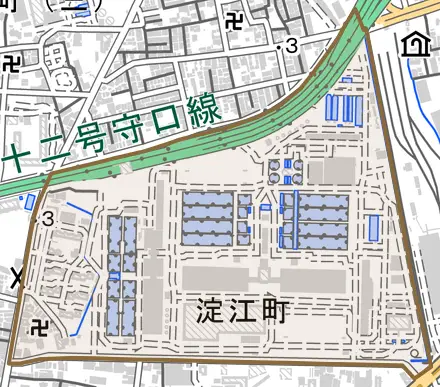 淀江町とその周辺の地図。町の範囲を重ねている