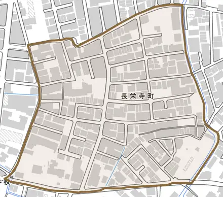 長栄寺町とその周辺の地図。町の範囲を重ねている