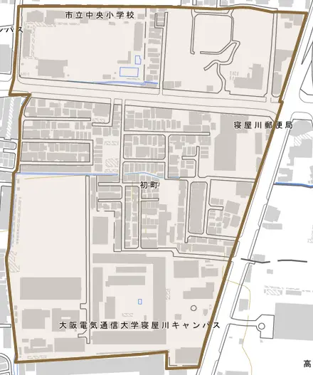 初町とその周辺の地図。町の範囲を重ねている