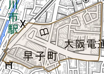 早子町とその周辺の地図。町の範囲を重ねている