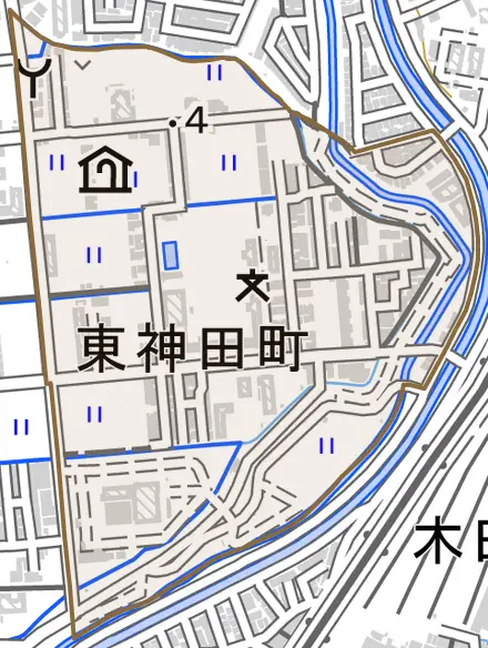 東神田町とその周辺の地図。町の範囲を重ねている