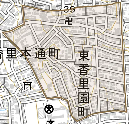 東香里園町とその周辺の地図。町の範囲を重ねている