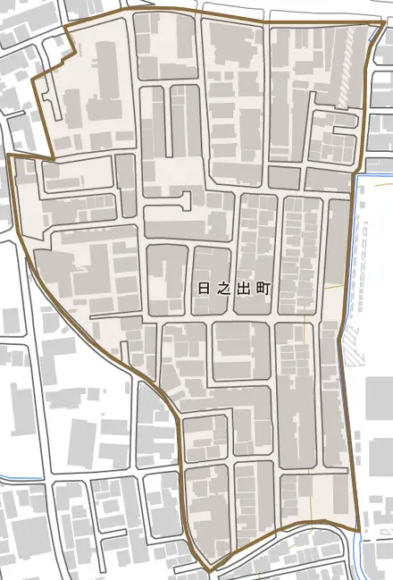 日之出町とその周辺の地図。町の範囲を重ねている