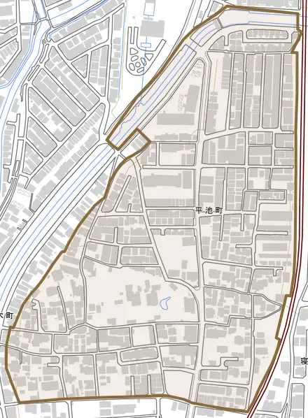 平池町とその周辺の地図。町の範囲を重ねている