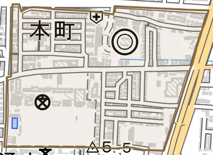本町とその周辺の地図。町の範囲を重ねている