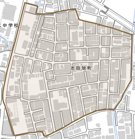 池田旭町とその周辺の地図。町の範囲を重ねている