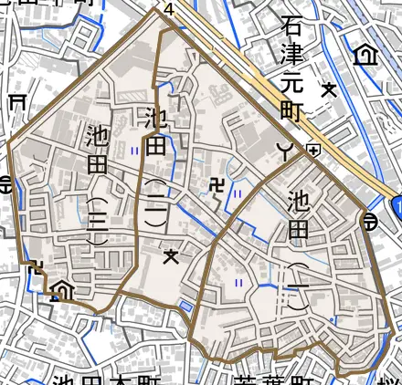池田とその周辺の地図。町の範囲を重ねている