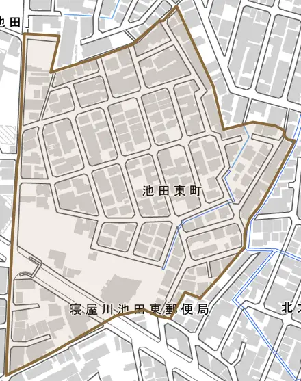 池田東町とその周辺の地図。町の範囲を重ねている