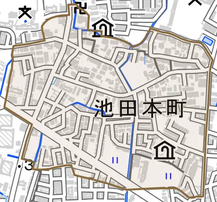 池田本町とその周辺の地図。町の範囲を重ねている
