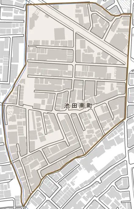 池田南町とその周辺の地図。町の範囲を重ねている