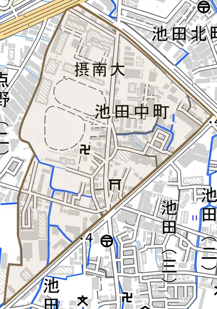 池田中町とその周辺の地図。町の範囲を重ねている