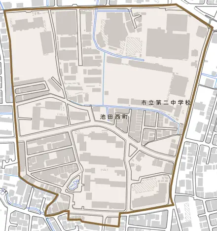 池田西町とその周辺の地図。町の範囲を重ねている