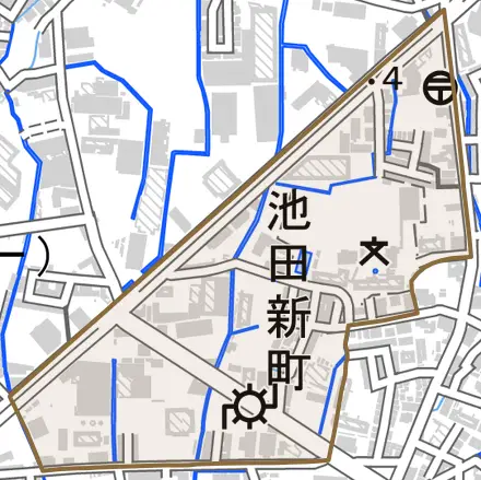 池田新町とその周辺の地図。町の範囲を重ねている
