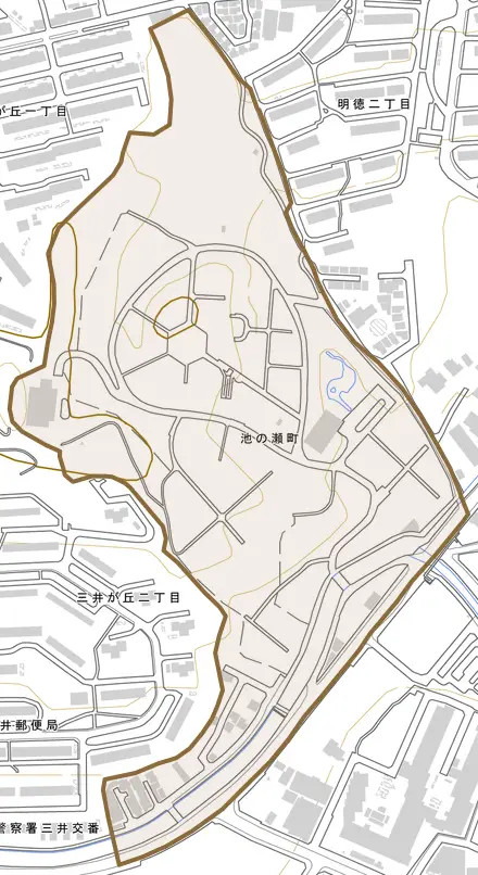 池の瀬町とその周辺の地図。町の範囲を重ねている